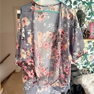 Floral Sheer Kimono Cardigan - Gray and Pink